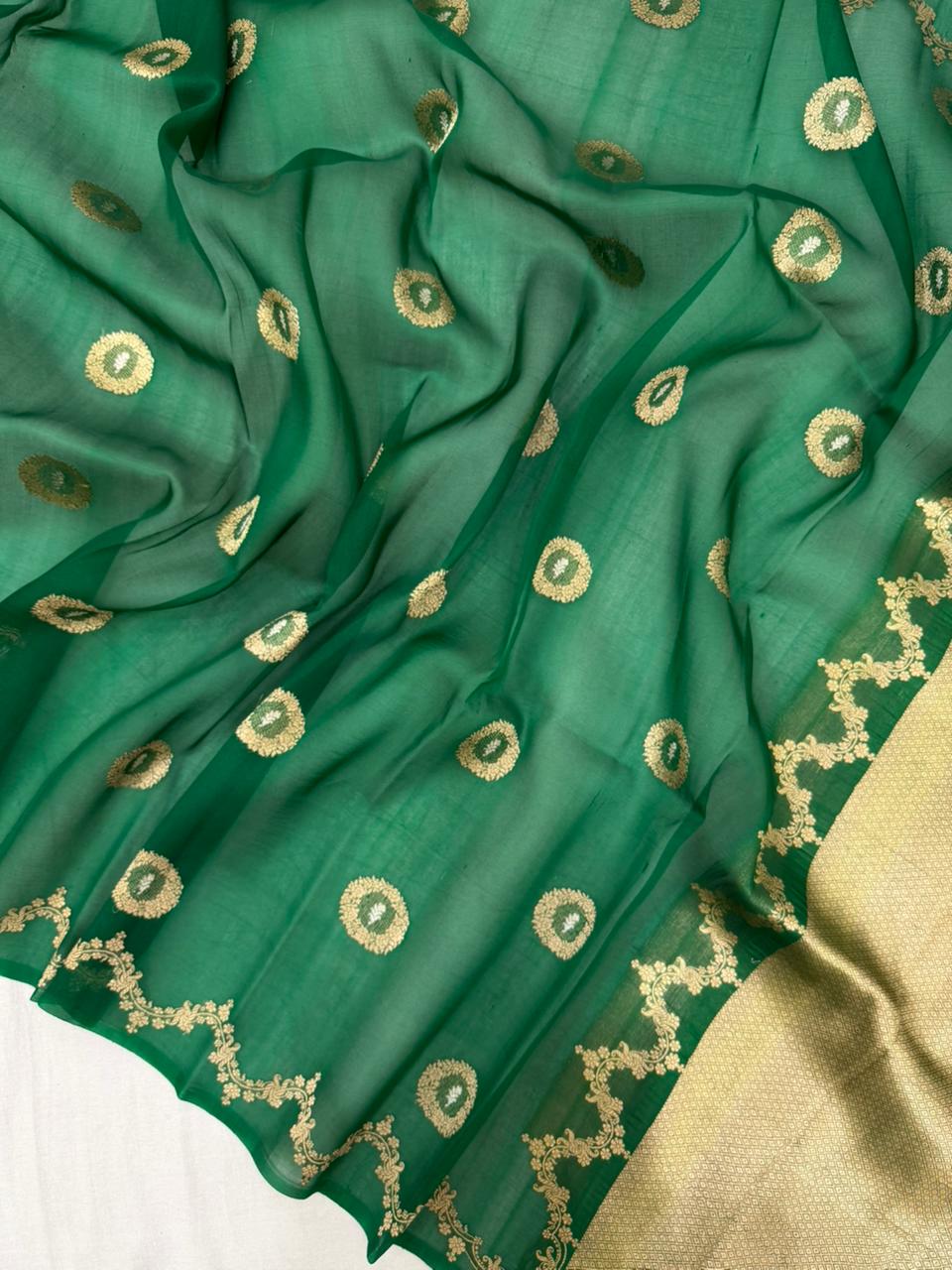 Elegant Green Organza Saree with Golden Embroidery