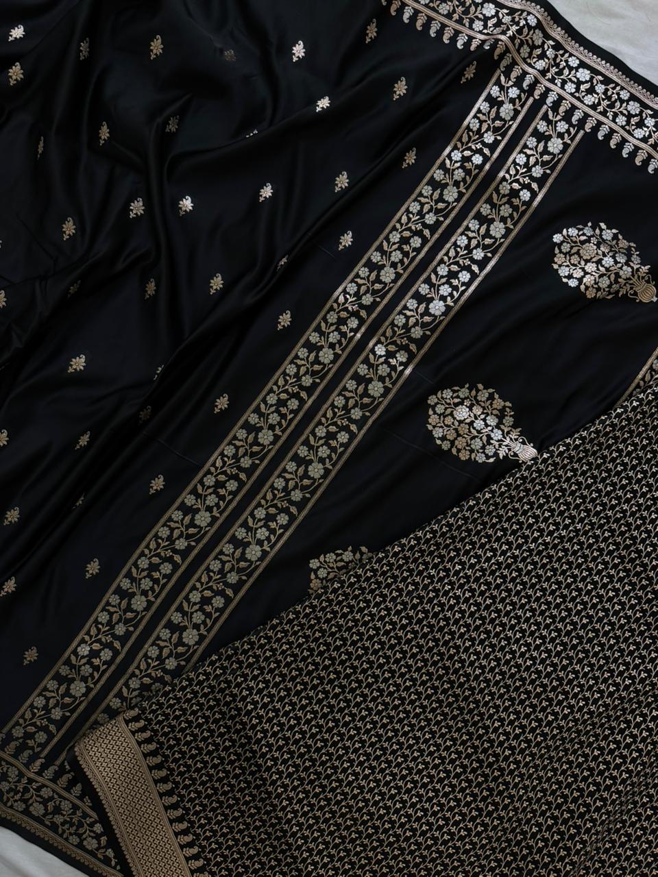 Black Mashru silk saree with intricate mina buti design by Kalisa Banaras, showcasing elegant traditional craftsmanship.