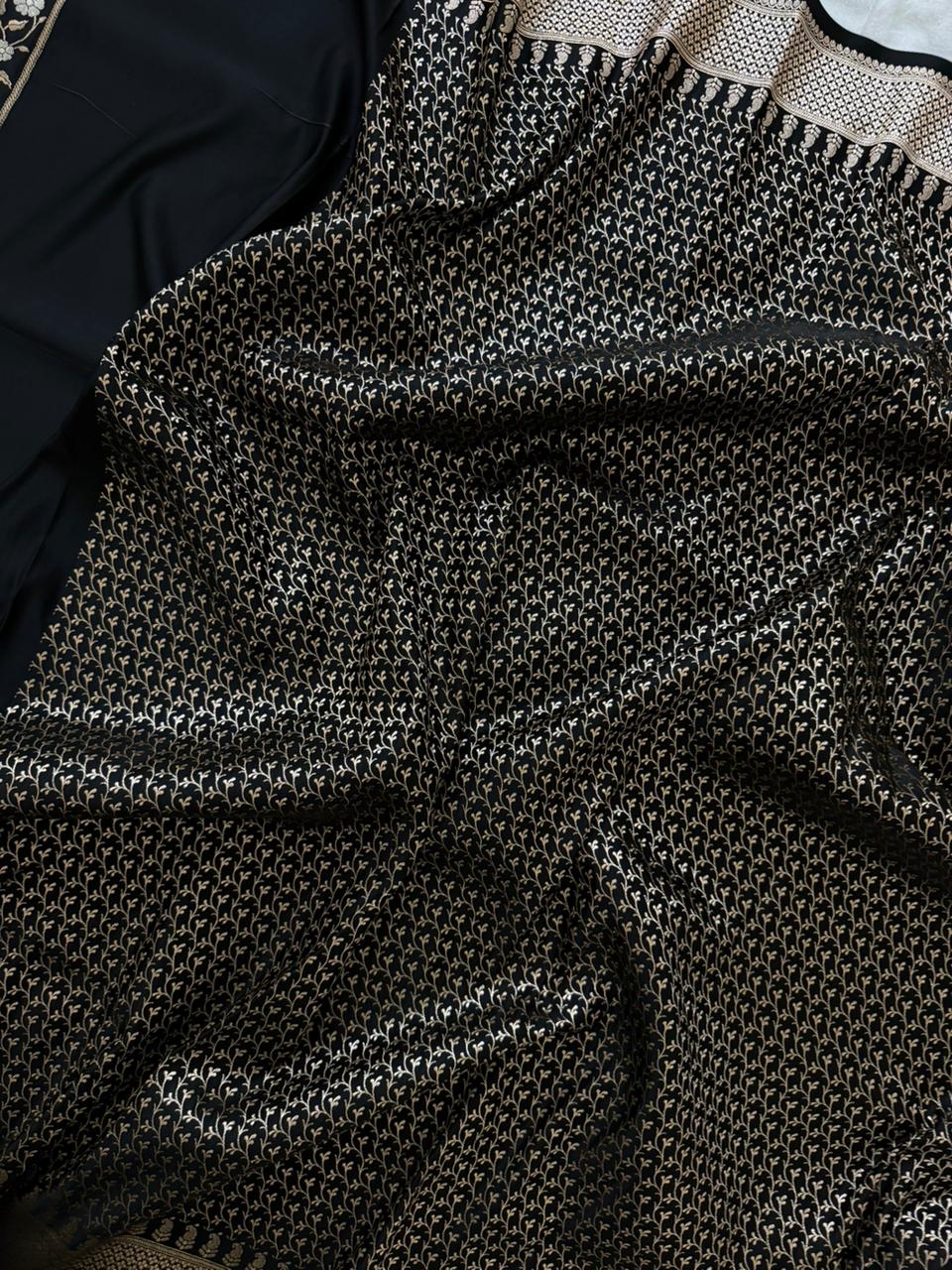 Black Mashru silk saree by Kalisa Banaras featuring Mina buti work and intricate traditional design.