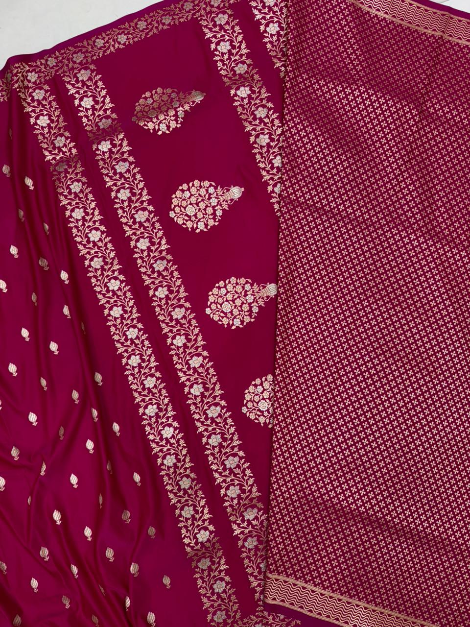 Pink Mashru silk saree by Kalisa Banaras featuring intricate traditional patterns and a smooth, luxurious silk texture.