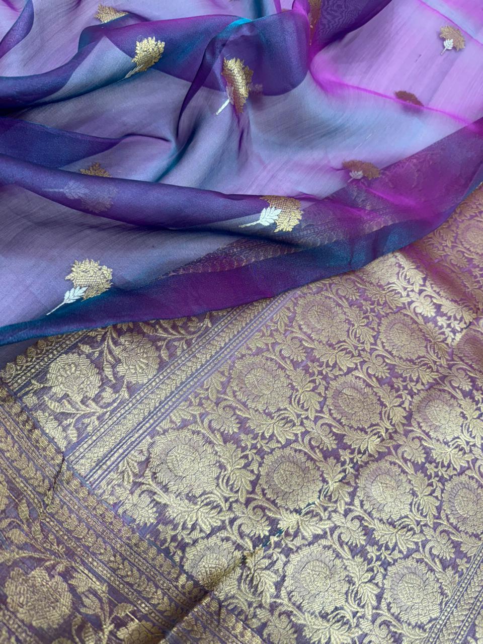 Kalisa Banaras Dhup Chao Tissue Saree featuring intricate patterns and rich fabric, traditional Indian attire with elegant design.