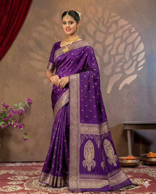 Purple Mashru silk saree by Kalisa Banaras featuring intricate traditional weaving and a rich, elegant silk fabric.