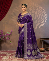 Kalisa Banaras Bananasi Purple Mashru Silk Saree with intricate traditional patterns and rich silk texture.