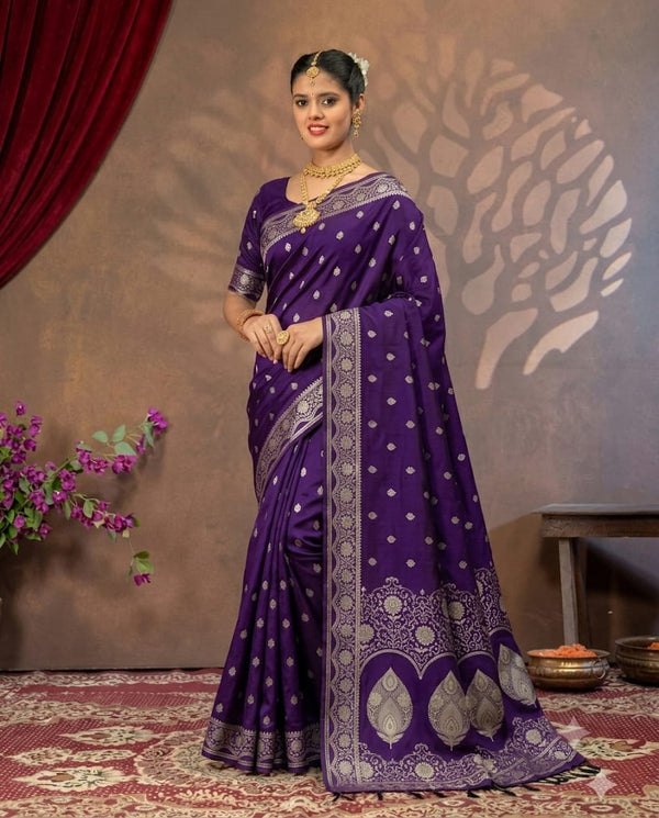 Kalisa Banaras Bananasi Purple Mashru Silk Saree with intricate traditional patterns and rich silk texture.