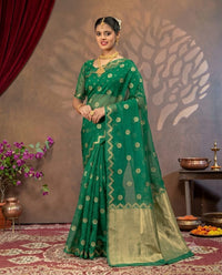 Elegant green organza saree with gold embroidery from Kalisa Banaras, showcasing intricate designs and luxurious fabric details.