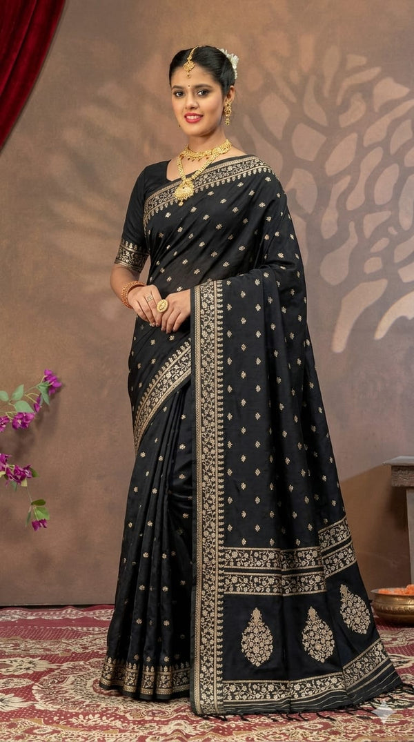 Black Mashru Silk Saree With Mina Buti